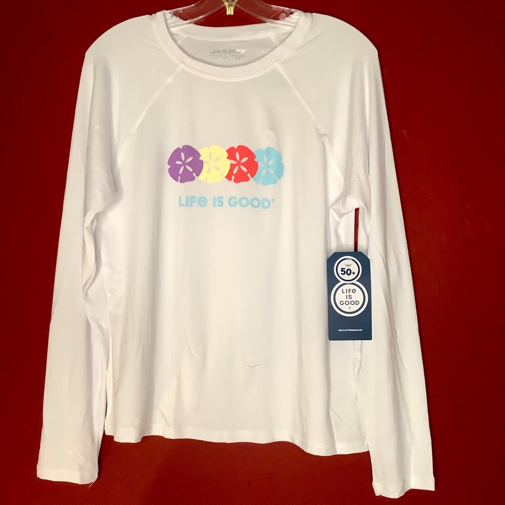 LIFE IS GOOD Large UV 50+Sand Dollar Design On White Long Sleeve Sun Shi…